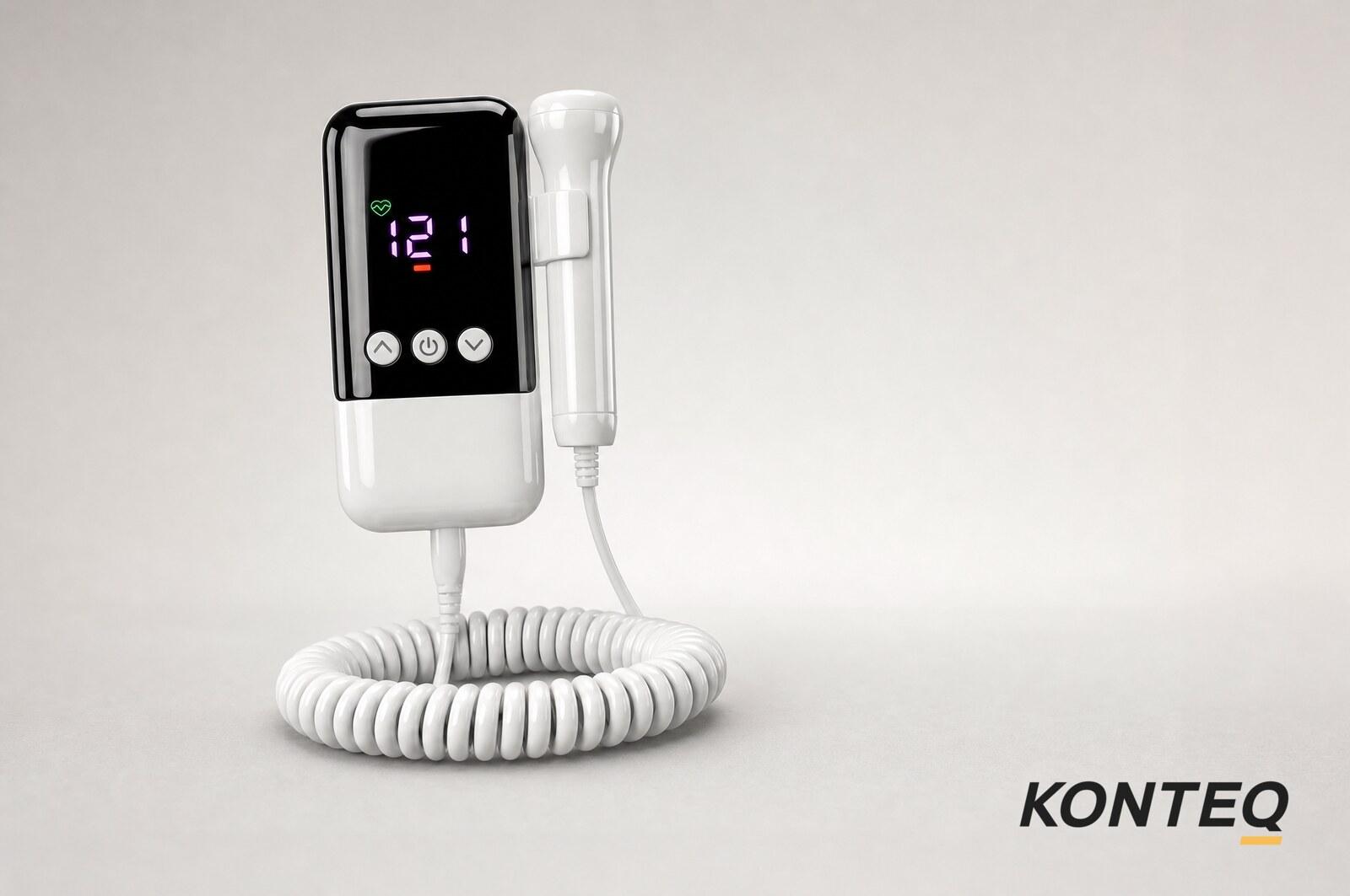 Дисплей фетального допплера KONTEQ BT330 показывает частоту сердцебиения 121 удар в минуту