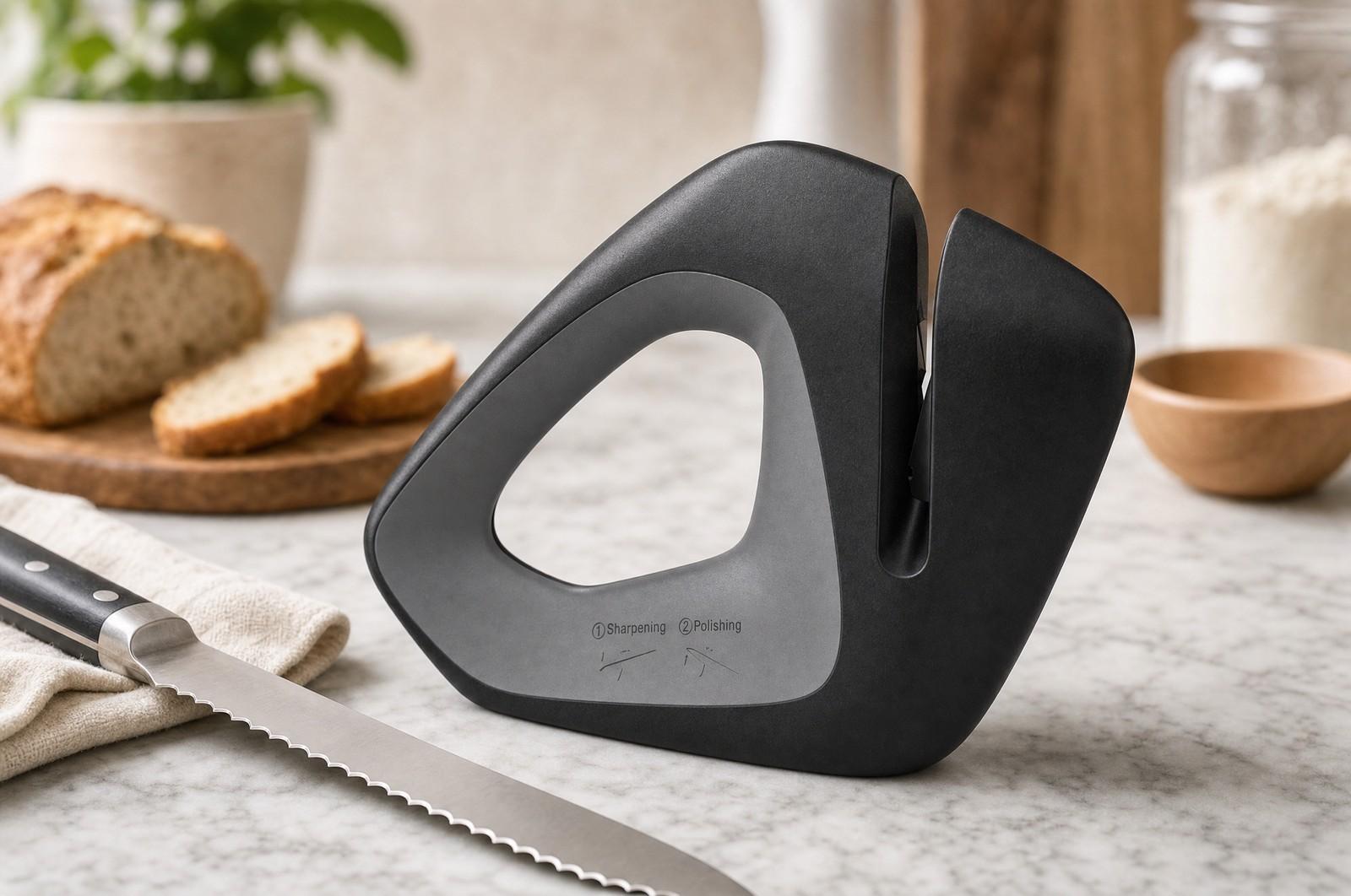 Точилка KONTEQ RM100 на кухонном столе рядом с ножом с зазубренной (серрейторной) кромкой